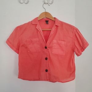 Bright Neon Orange/Pink Crop Button Down Shirt